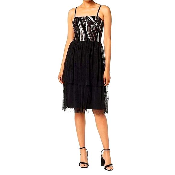 Dress the Population Black Sequin Tulle‎ Midi Dress Women Small Cocktail Holiday - Picture 1 of 11